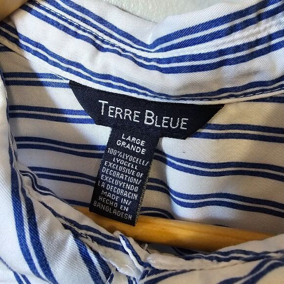 EUC LIKE NEW TERRE BLUE 100% LYOCELL STRIPED EMBROIDERED BUTTON DOWN DRESS SZ L - Picture 16 of 16